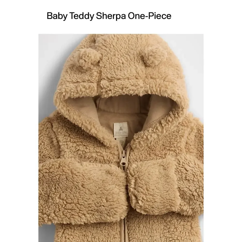 Baby Gap Teddy Sherpa One Piece 6 To 12 Mo Brown Bear Ear Appliqué Hood Cozy